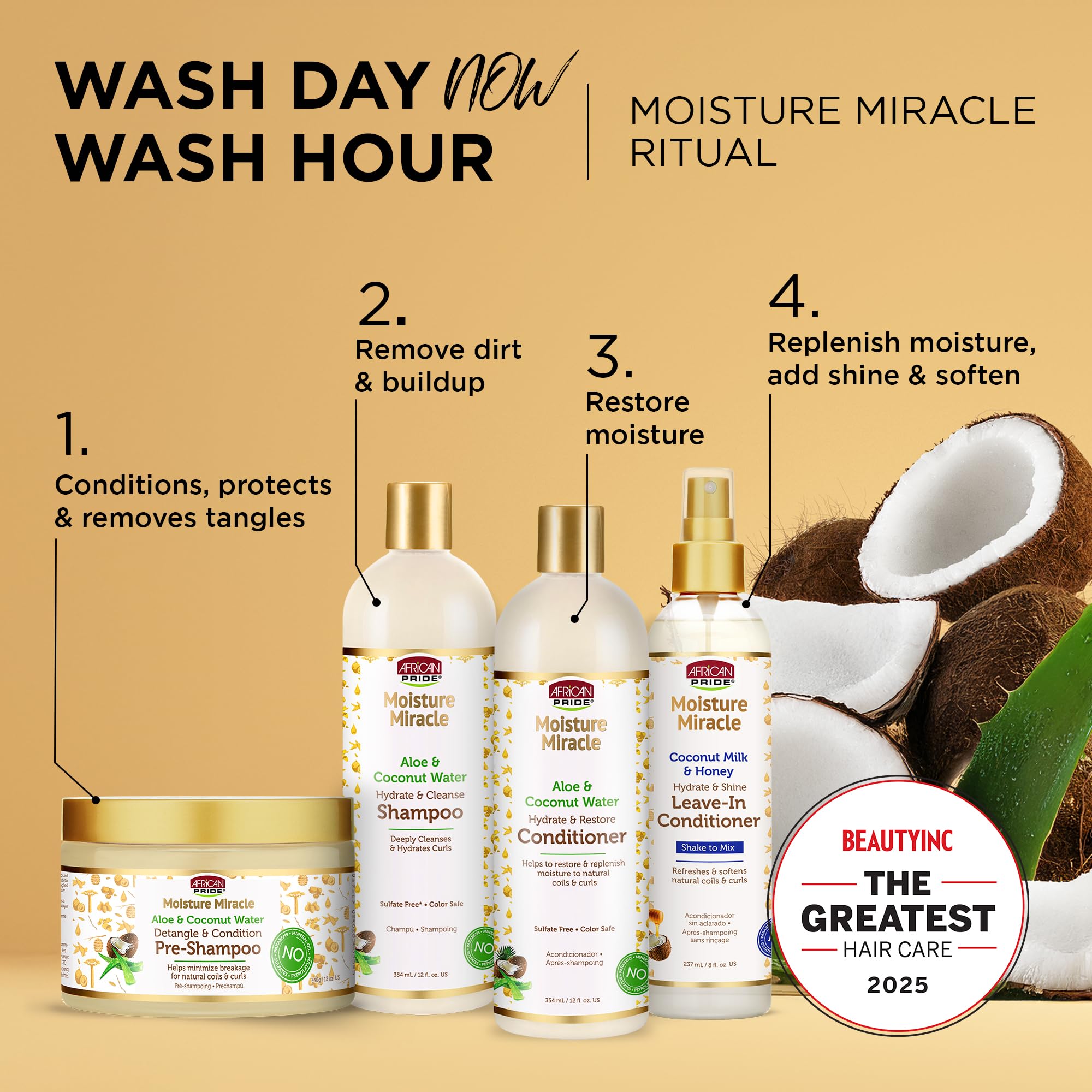 African Pride Moisture Miracle Pre-Shampoo Hair Detangler with Aloe & Coconut Water (Pack of 3) | Minimizes Breakage, Hydrates & Strengthens | Pre-Poo Treatment for Natural Coils & Curls | 12 oz.
